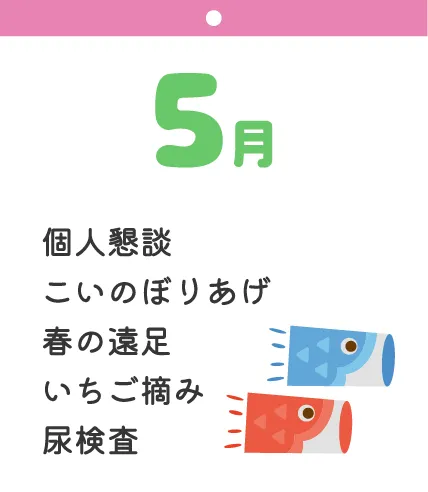 5月 個人懇談 こいのぼりあげ 春の遠足 いちご摘み 尿検査