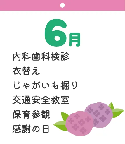 6月 内科歯科検診 衣替え じゃがいも掘り 交通安全教室 保育参観 感謝の日